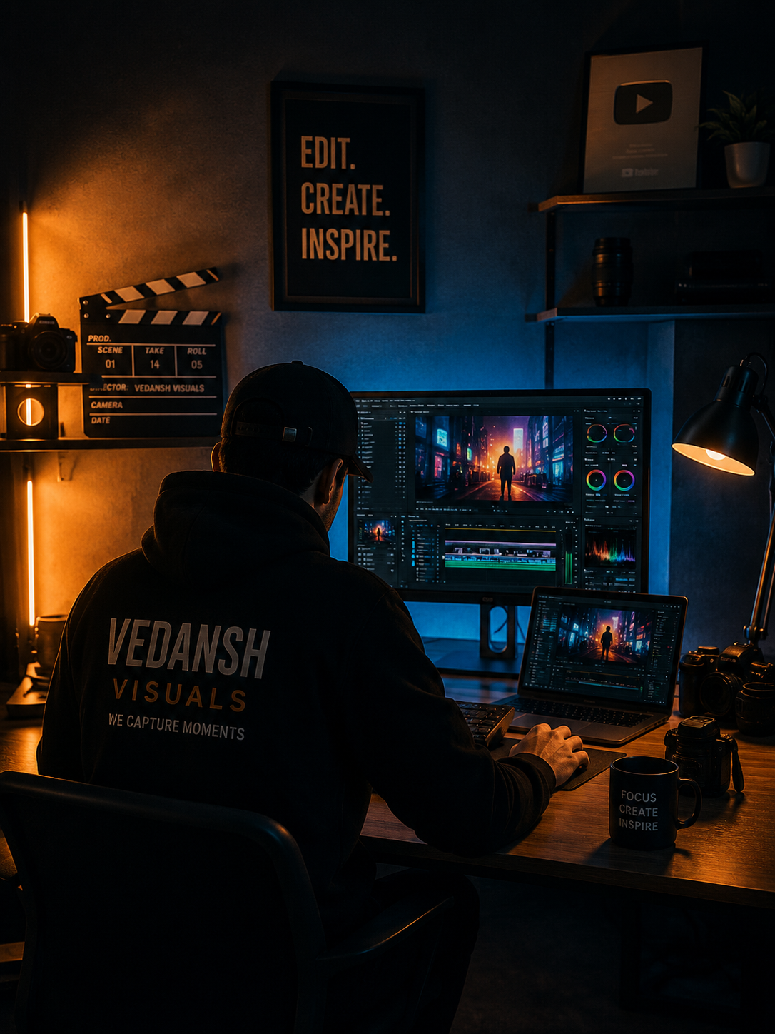 Professional video editing and cinematography workspace